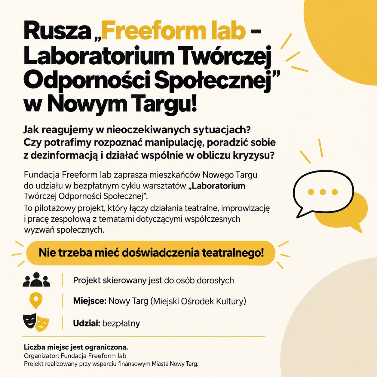 Plakat projektu Laboratorium Twórczej Odporności Społecznej: bezpłatne warsztaty teatralne dla dorosłych mieszkańców Nowego Targu